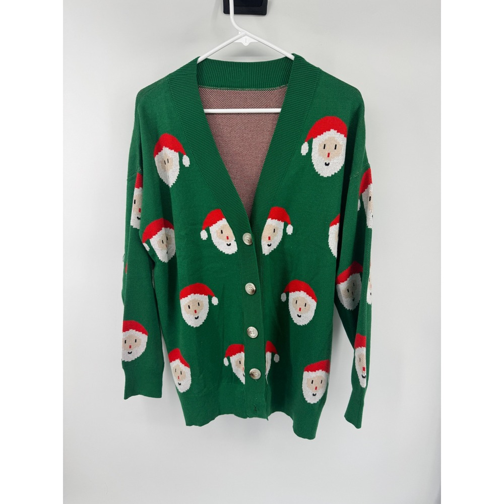 Green Santa‎ Claus Christmas Cardigan Sweater Large Holiday Ugly Sweater V-Neck